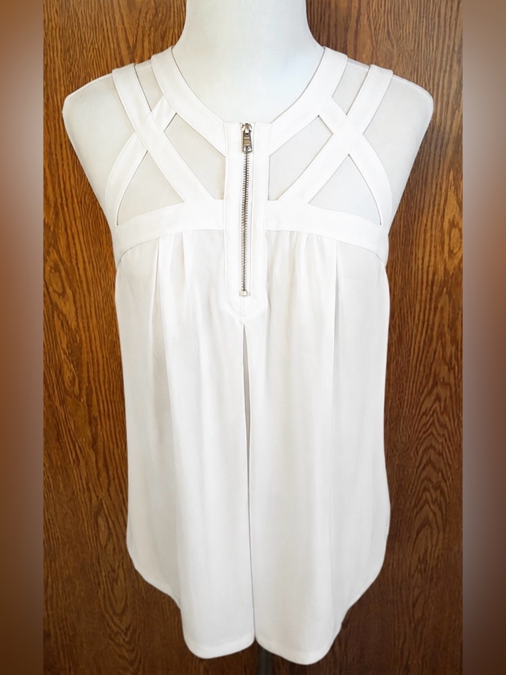 Naked Zebra Strappy Zipper Front Tank Top Small Sleeveless Flowy White Party Zip